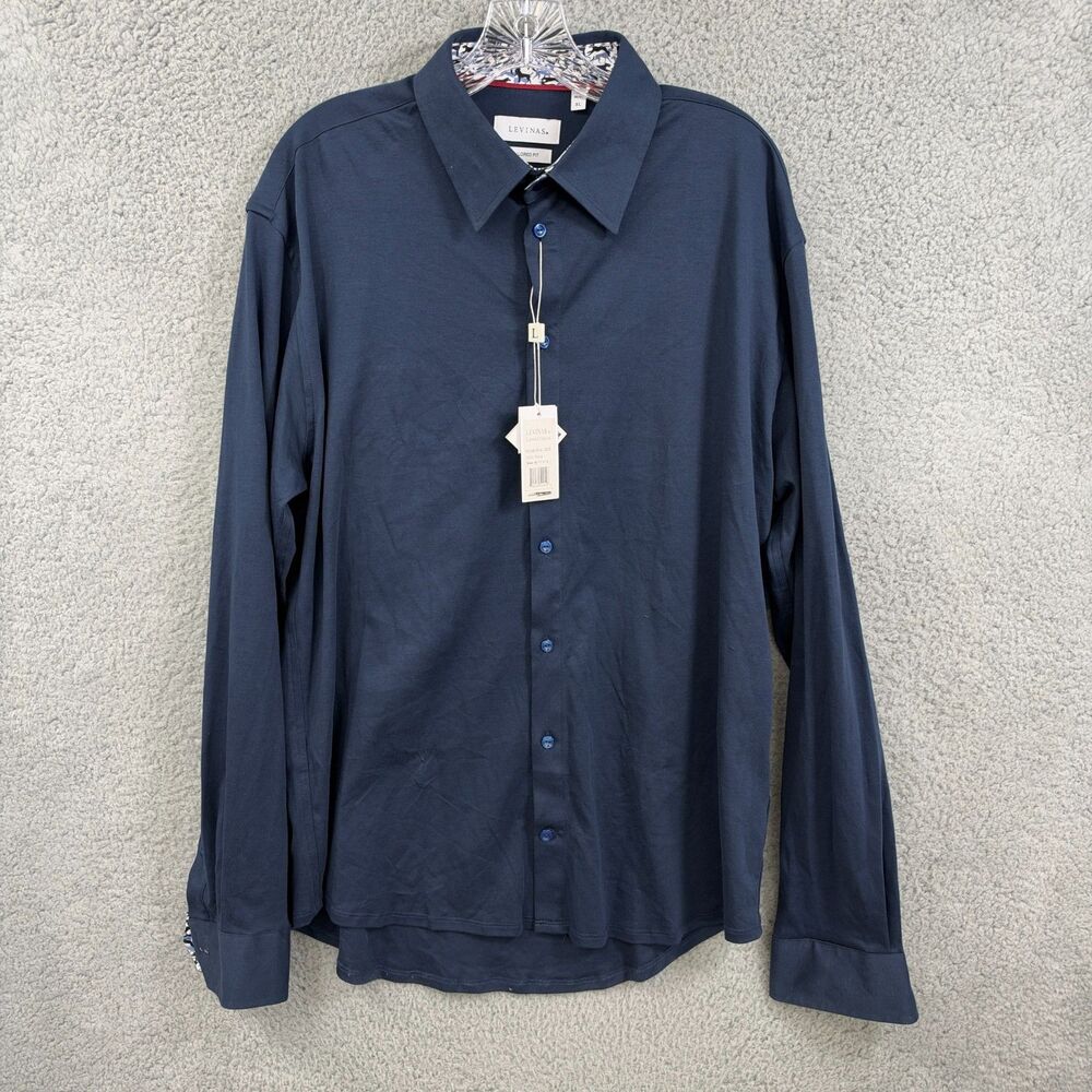 NWT Levinas Men's XL 17  17.5 Tailored Fit Tech Stretch Fine Navy Blue Shirt